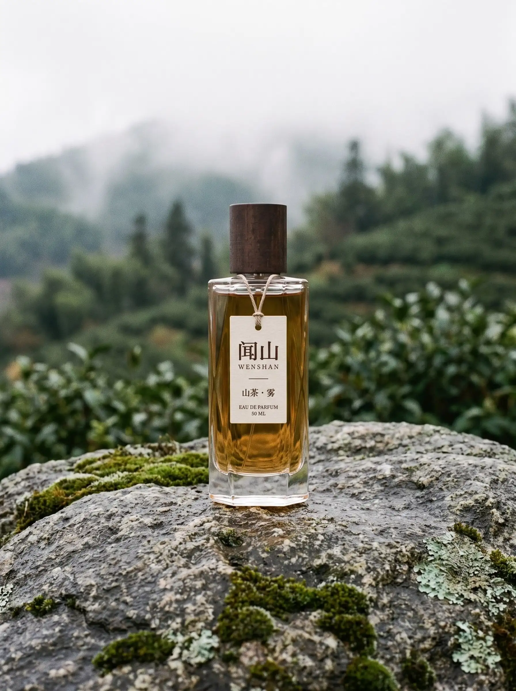 长着青苔的花岗岩上立着一瓶山茶 · 雾，背后是雾中的茶山